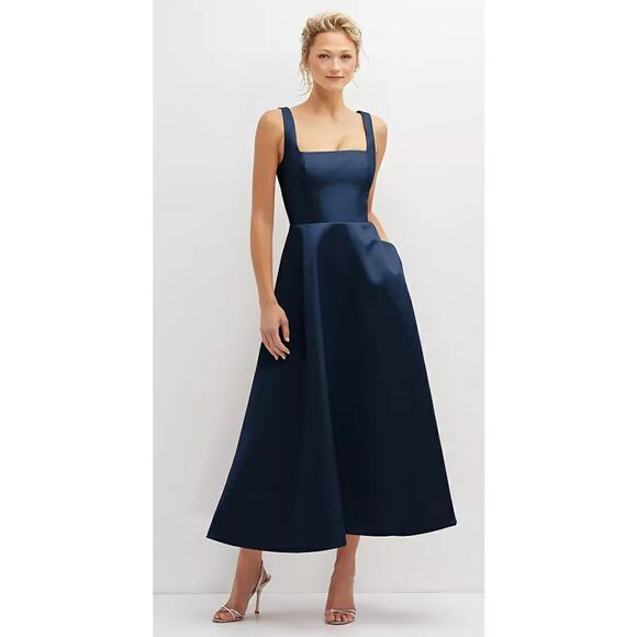 Dessy Collection NWT Square Neck Satin Midi Dress Full Skirt Pockets Formal 18 - Picture 1 of 10